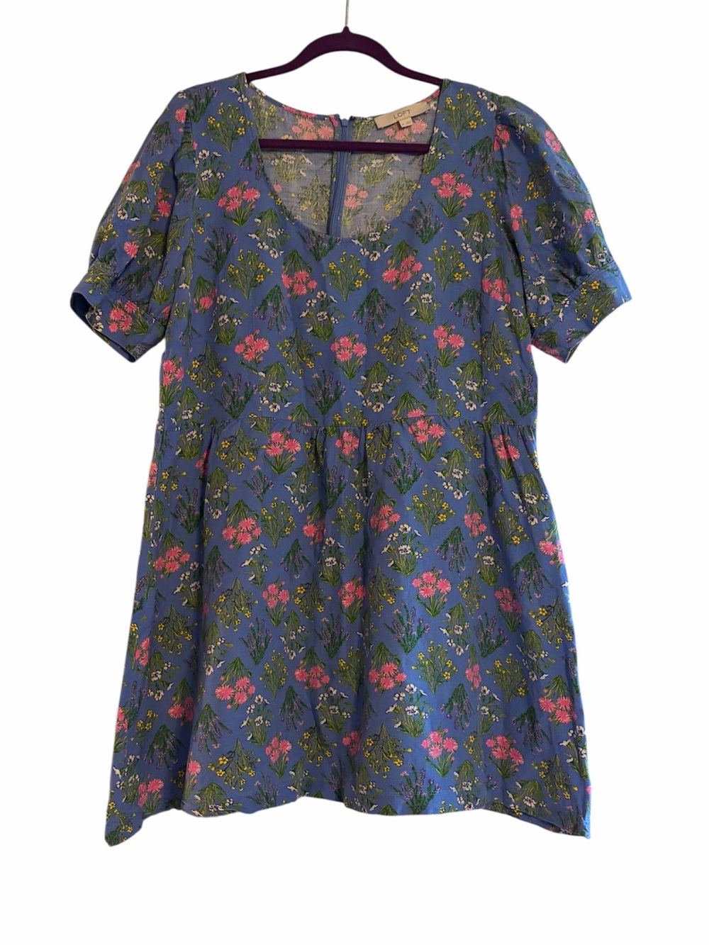 LOFT‎ Floral Linen Viscose Puff Sleeve Mini Dress Blue Pink Yellow Sz 14
